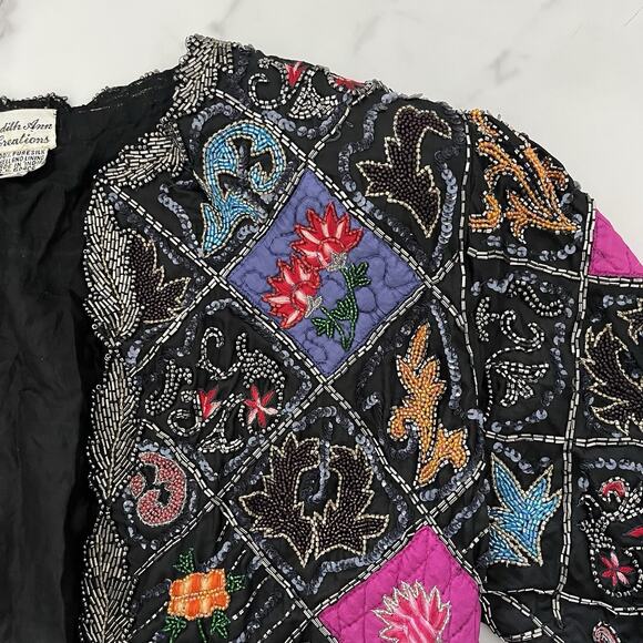 Judith Ann Vtg silk Patchwork Embroidered jacket Quilted sequin Embellished Sz L - Picture 6 of 15